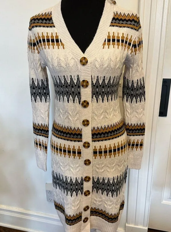 Lucky Brand Fair Isle Nordic Stripe Button Front Sweater Dress Cream NEW - Image 3