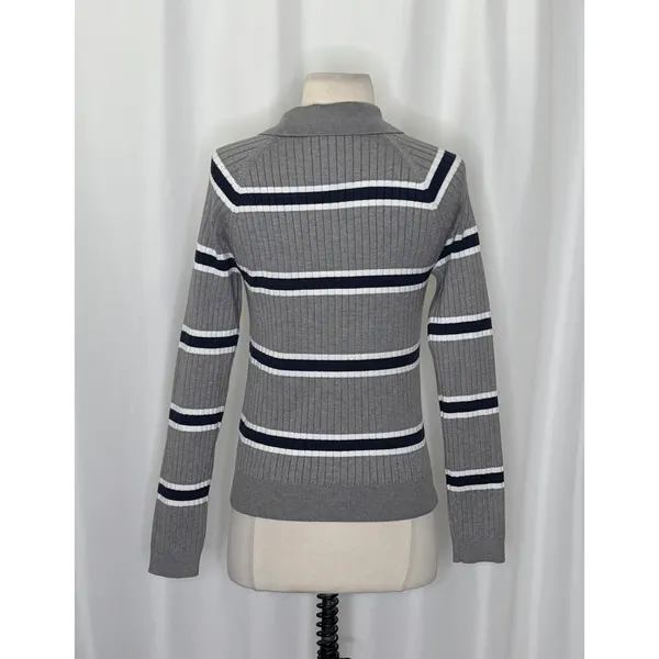 BOHME Striped Polo Henley Sweater Gray Navy Blue White Buttons Pullover Large - Image 8