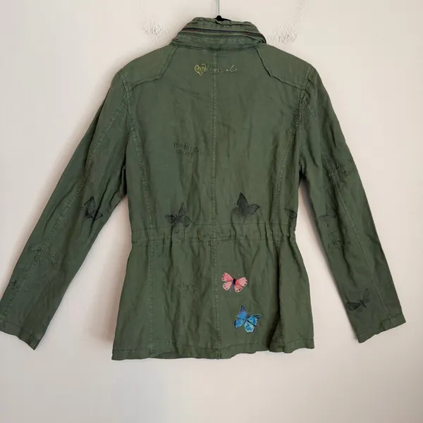 Desigual Y2K military utility jacket embroidered butterfly 36 green - Image 7