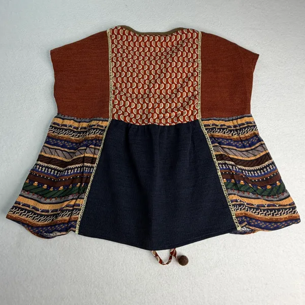 THML Womens XS Mixed Media Boho Patchwork Tassel Tie Ribbed Knit Top Rust Navy - Image 5