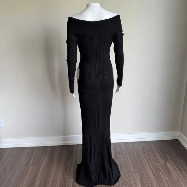 Self-Portrait Off The-Shoulder Ribbed-Knit Maxi Dress Size XL Black - Image 5