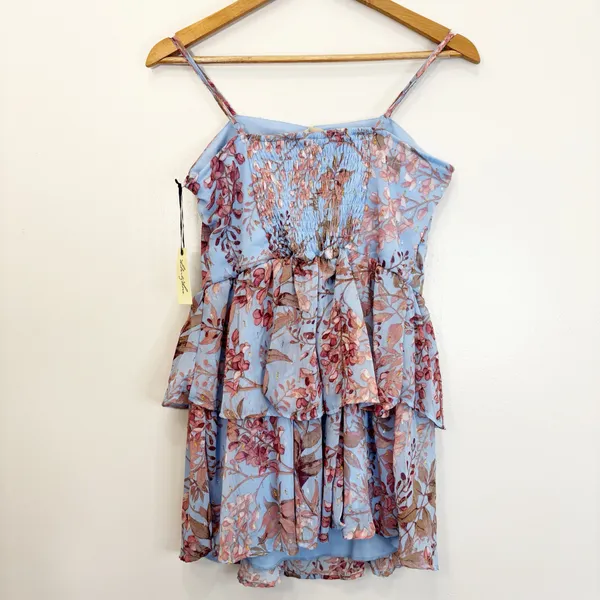 Liberty Love Blue Floral Tiered Ruffle Mini Dress Whimsical Boho Chic Size L - Image 5