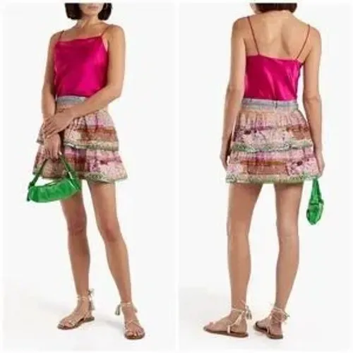 Alice and Olivia Multi Color Tiered Floral Patchwork Mini Skirt Smocked Waist - Image 3