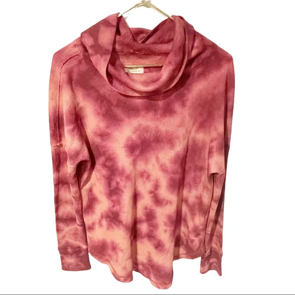 Anthropologie Maeve Medium Pink Ainsley Tie Dye Cowl Neck‎ Waffle Knit Thermal - Image 3