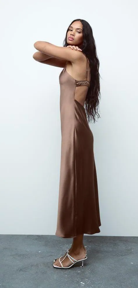 ZARA dress midi maxi satin wedding chocolate brown party cocktail - Image 23