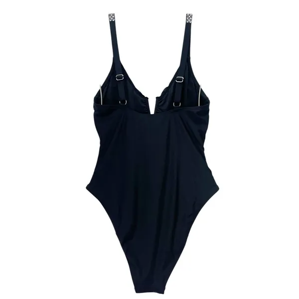 NWT Cupshe Reverie Land V Wire One Piece Swimsuit Medium Black Rhinestone Strap - Image 3