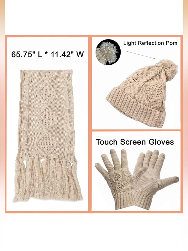 New! Super Soft Beige Cable Knit Pom Beanie, Scarf & Glove Set - Image 2