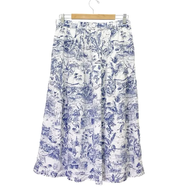 Joie 100% Linen Blue White Tropical Toile Midi Skirt Elastic Waist Size Large - Image 3
