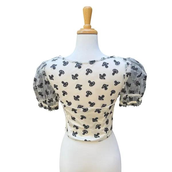 Hot‎ Topic Shirt Md Cream Glitter Mushrooms Cropped Sheer Puff Sleeve Whimsigoth - Image 4