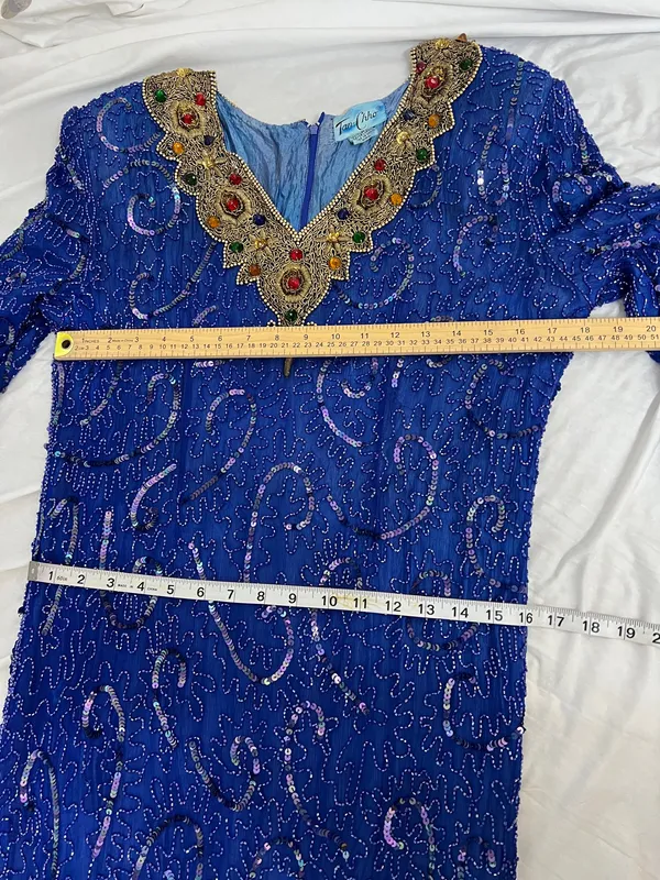 Vintage Tan-Chho Pure Silk Beaded Sequin Maxi Gown Dress Royal Blue Size XL 80’s - Image 8