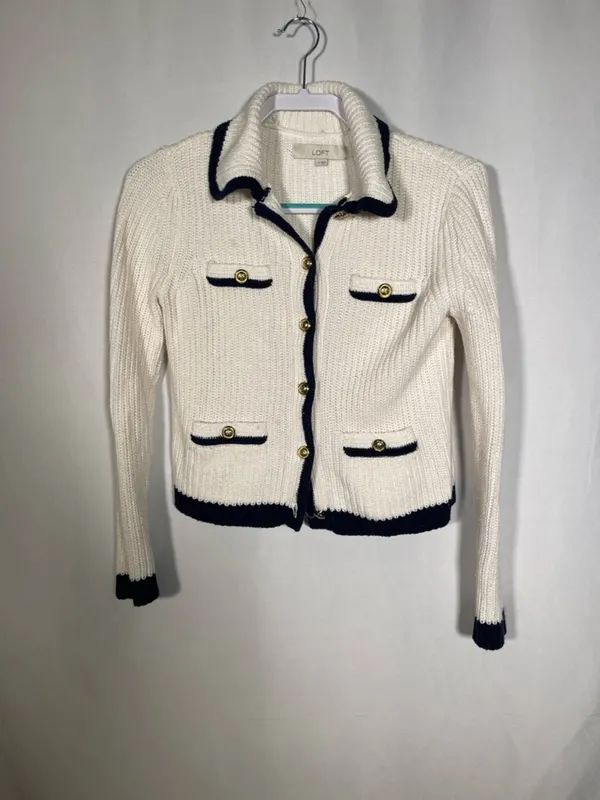 Loft Womens Tipped Ribbed Button Down Sweater Cream Navy Small - Image 2
