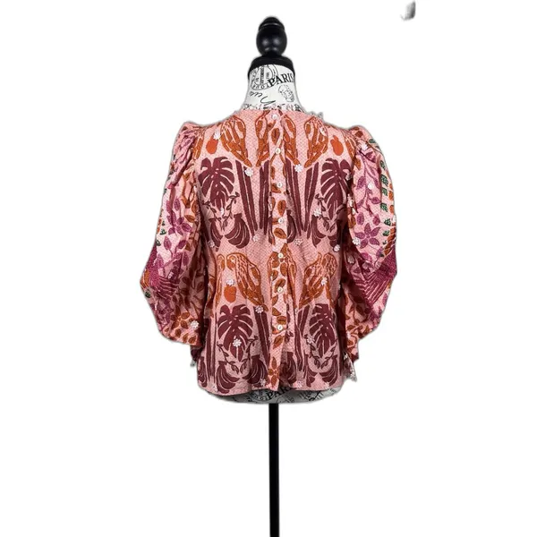 Farm Rio Women's Blouse Orange Pink Size L Puff Sleeve Boho Floral Peasant Top - Image 3