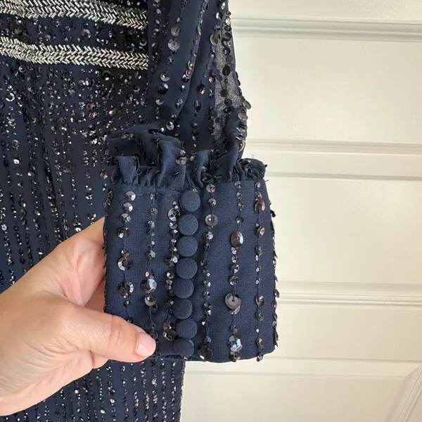 Mac Duggal Sequined V Neck Bishop Sleeve Midi Dress Navy Blue‎ Size 16 #93593 - Image 5