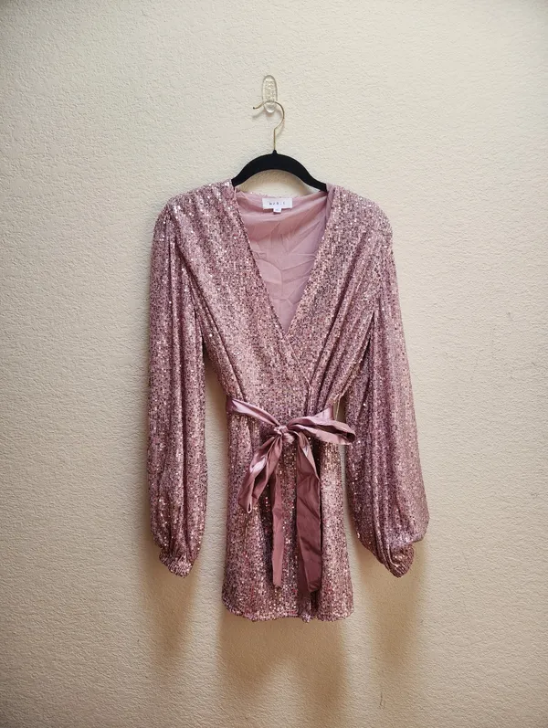 Mable Sequin Long Sleeve Wrap Dress Size Medium Pink - Image 2