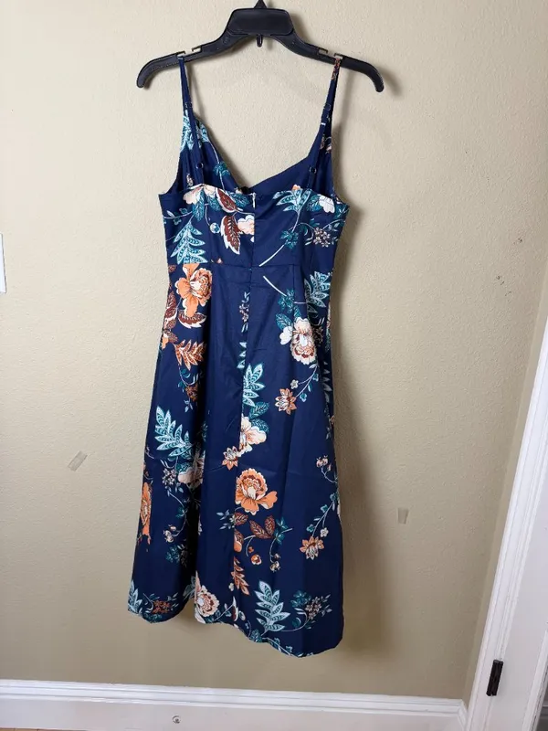 Drape Neck Floral Tank Dress with Side Slit Size Small Navy - Image 5