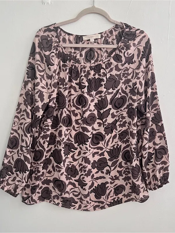 NEW LOFT Women Floral Blouse Top Long Sleeve Pink Brown Size MEDIUM - Image 2