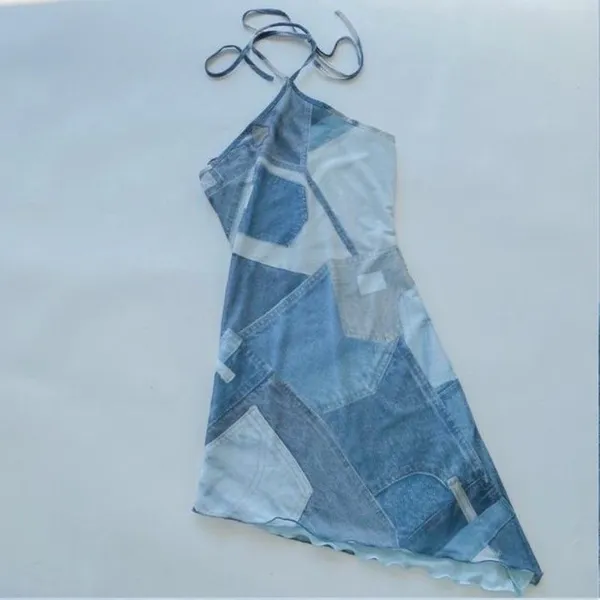 Motel Rocks Adelia Denim Print Mesh Asymmetrical Halter Mini Dress XS - Image 4