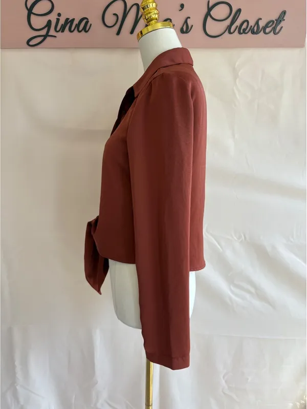 Express Portofino Rust Brown Long Sleeve Tie Front Shirt Size S - Image 4