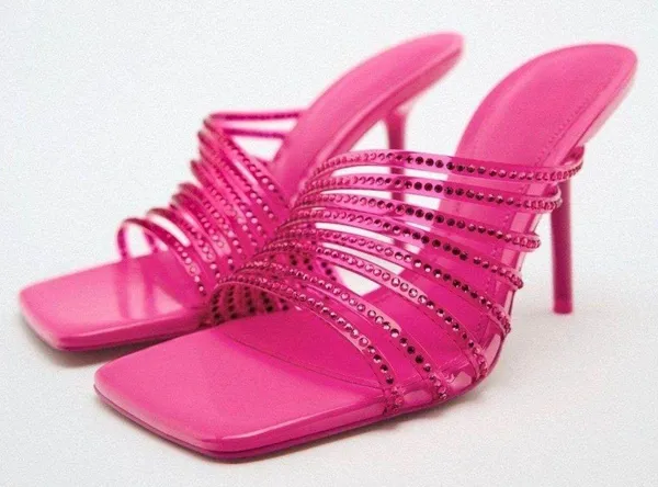 ZARA Hot Pink Rhinestone Embellished Vinyl Sequin Strappy Open Square Toe High Heels Sandals Mules - Image 2