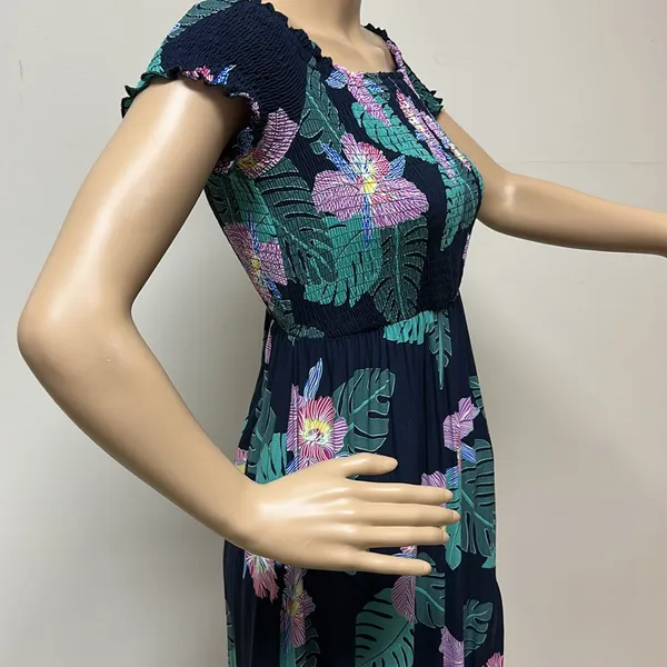 Lulus Smocked Navy Pink Green Floral Tropical Maxi Dress with Pockets size M - Image 6