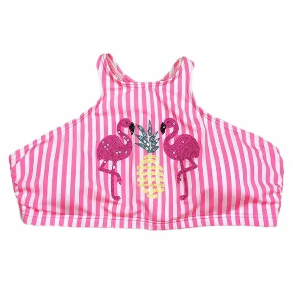 Coco‎ Rave Tropi Glow Pink Striped Flamingo Halter Bikini Top Size XL 38D - Image 2