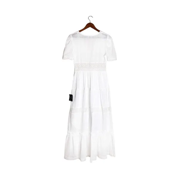 Lulu's Folklore Swiss Dot Lace Trim Tiered Gauze Midi Dress Pinstripe White M - Image 5