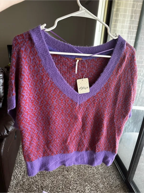 Free People Lavender and Orange V-Neck Sweater Vest Through the Motions - Image 3