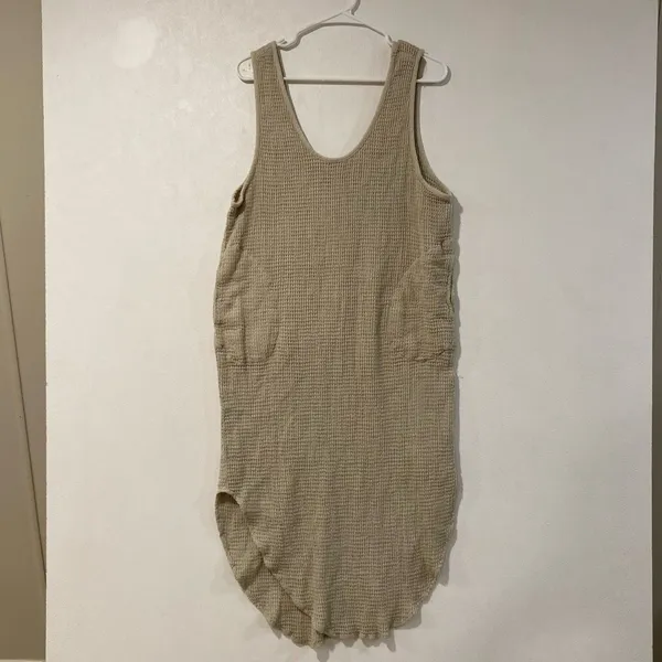 Free People Size S Beige Waffle Knit Midi Dress Oversized Boho Pockets - Image 3