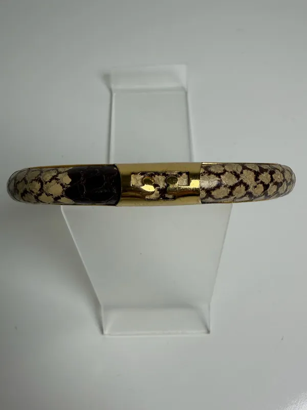 Tory Burch Women’s Leather Inlay Snake Print Gold Double T Bangle Bracelet - Image 2
