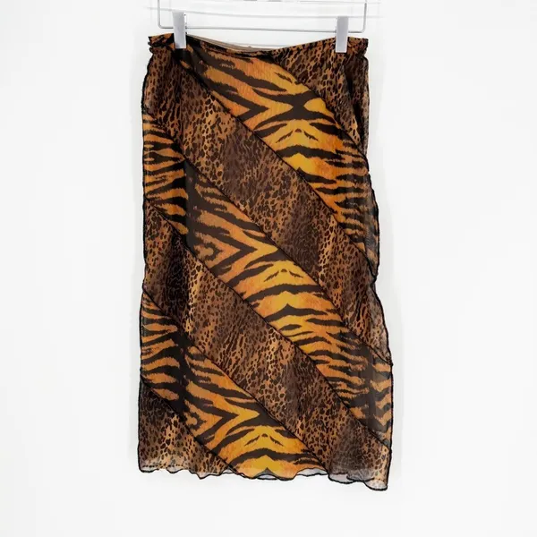 Urban Outfitters Mesh Animal Print Patchwork Midi Skirt Women's Size‎ S Tan Y2K - Image 2
