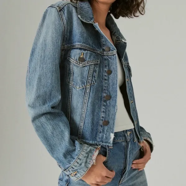 Lucky Brand Dungarees America Denim Trucker Jacket Medium Wash Distressed XL - Image 8
