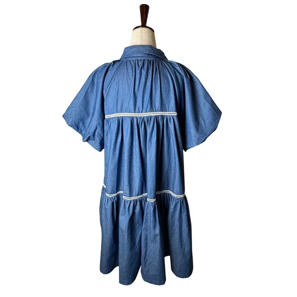 En Saison Tara Tiered Cotton Trapeez Shirtdress Women Medium Blue Mini Bohoi‎ - Image 8