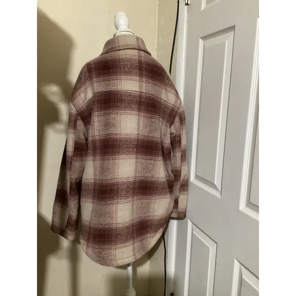 American Eagle Womens Plaid Sherpa Lined Shacket Burgundy Cream Wool Blend Large - Image 3