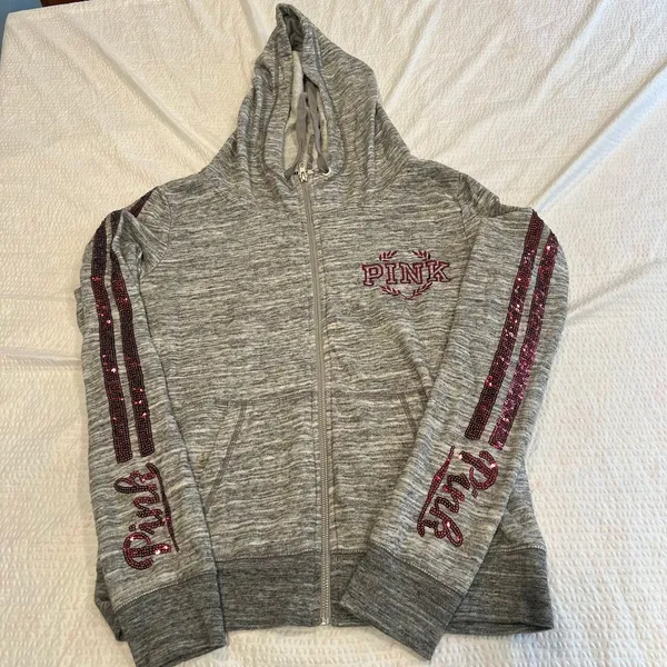 PINK vintage Bling vs gray zip up jacket with red sequins M women - Image 6