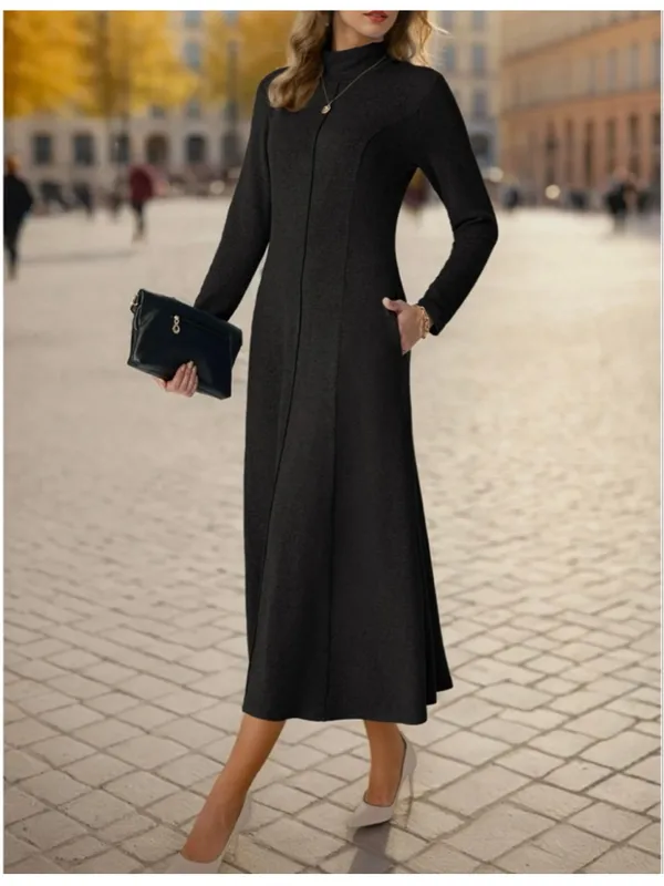 NEW Black Long Sleeve Mock Neck Pullover Pockets Midi Dress L - Image 7