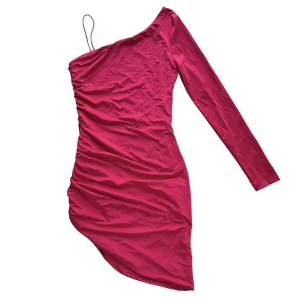 Superdown Brie One Sleeve Dress‎ Revolve Small Hot Pink Ruched Asymmetrical - Image 9