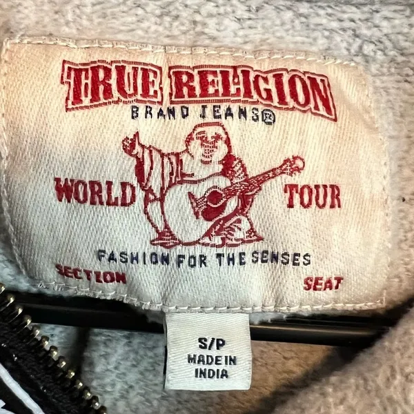 True Religion Logo Tape Zip Up Hoodie Gray Y2K Streetwear Sweatshirt Size Small - Image 6