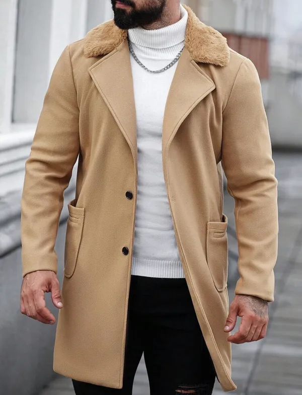 Men's Camel Faux Fur Collar Overcoat - Image 3
