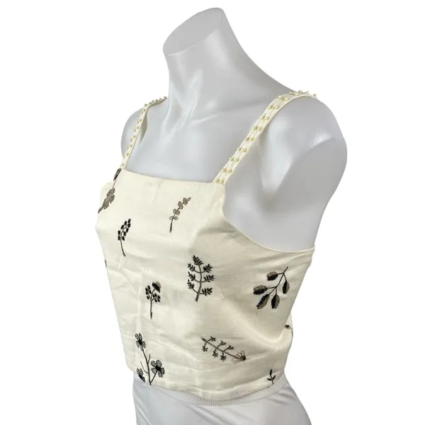 Zara Women's Cream Beaded Embroidered Leaf Sleeveless Tie Cami Crop Top Size L - Image 2