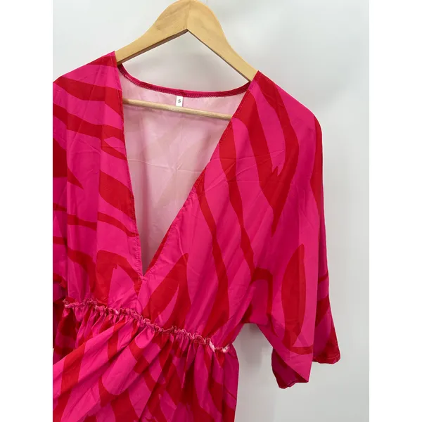 Womens Red Pink‎ Printed Maxi Dress Size S Resort Side Slit Half Sleeve Boho - Image 5