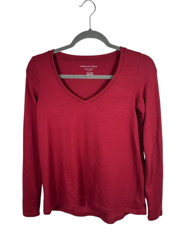 American Eagle Soft & Sexy Plush V-Neck Long Sleeve Tee‎ Red Size XS - Image 2