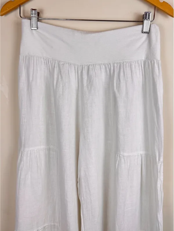 White Linen Tiered Wide Leg Palazzo Pants Foldover Waist Boho Coastal Resort - Image 3