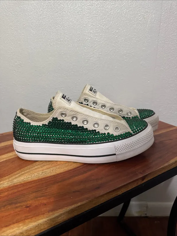 Custom Emerald Green Rhinestone Converse Lift Platform Low Tops Size 10 - Image 2