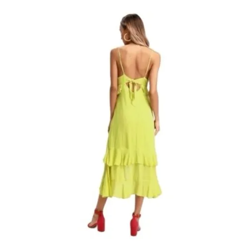Lulus‎ Ruffle High-Low Midi Dress Women XS Chartreuse Lime Green Tie Back Boho - Image 3