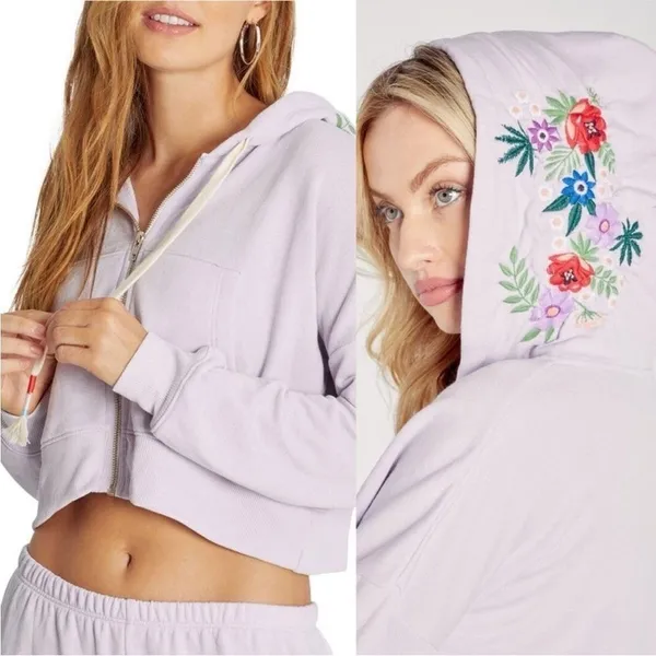 WILDFOX Hoodie Cropped Jacket‎ Large Purple Embroidered Flowers Zip Front Pastel - Image 2