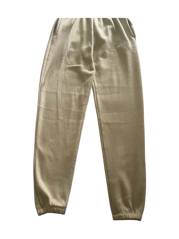 Nike-Sweatpants with Embroidered Logo-size large Soft fleece sweatpants with elastic waistband. Side pockets for storage. Embroidered Nike logo on leg. Neutral cream tone easy to match, 100% polyester, excellent condition Measurements: Waist: side to side 16-20 inches Rise: 12 inches Inseam: 30 inches - Image 3