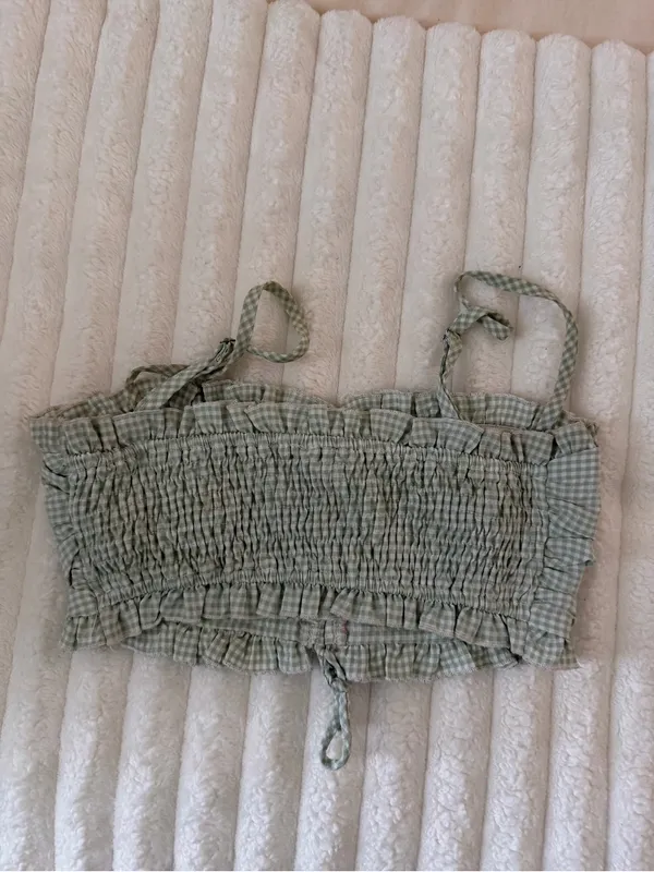 Princess Polly Sage Green Gingham Ruched Crop Top - Image 6