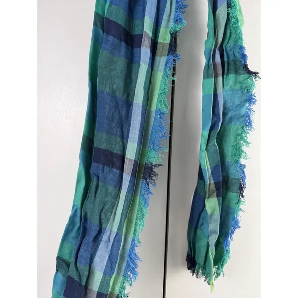 Target Plaid Gauze Scarf‎ Blue Green Teal Frayed Edge Grunge Aesthetic - Image 2
