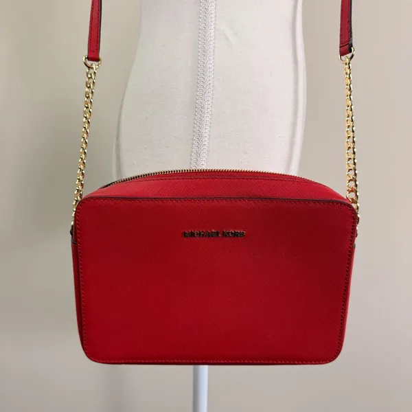 Michael Kors Jet Set East West Crossbody Bag Red Saffiano Leather Gold Hardware - Image 4