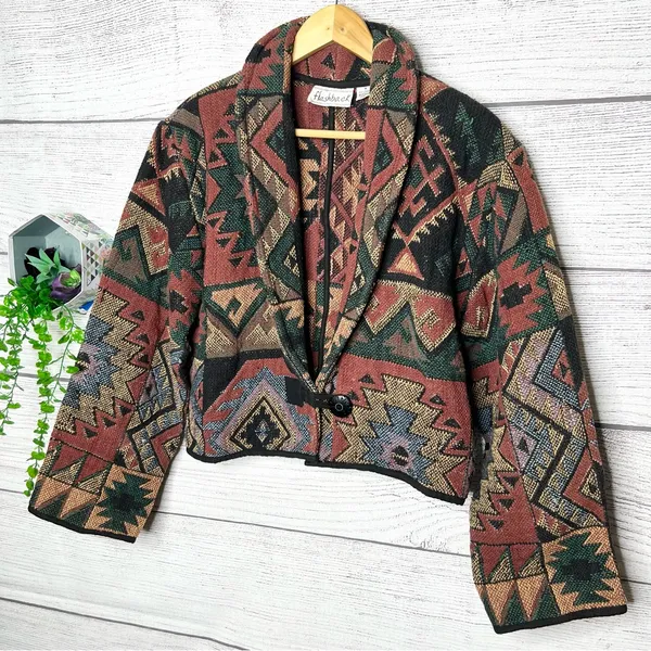 Vintage Flashback Southwestern Pattern Cropped Tapestry Jacket Size Medium Green - Image 2